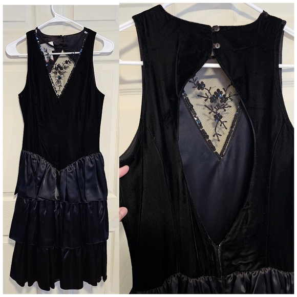 GUNNIE SAX Vintage Prom Party Tiered Dress Velvet Ruffle Mesh Floral Beadwork - Picture 1 of 12